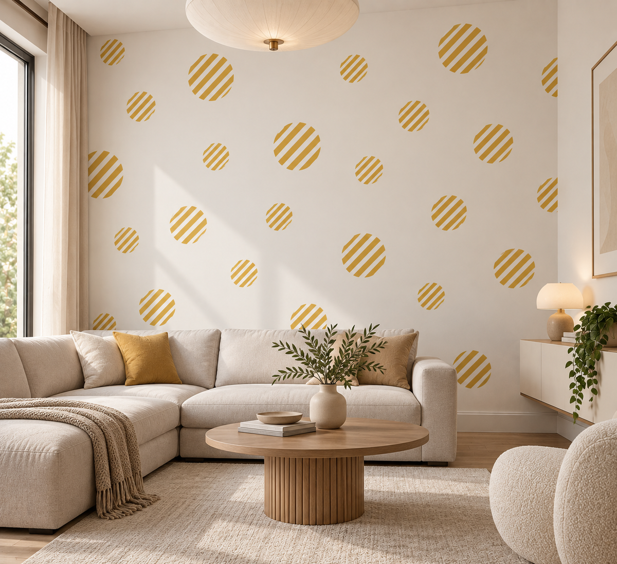 Mustard yellow Stripes Circle wall stencils painted in multiple sizes across a modern living room wall, creating a stylish geometric pattern and DIY wall decor.