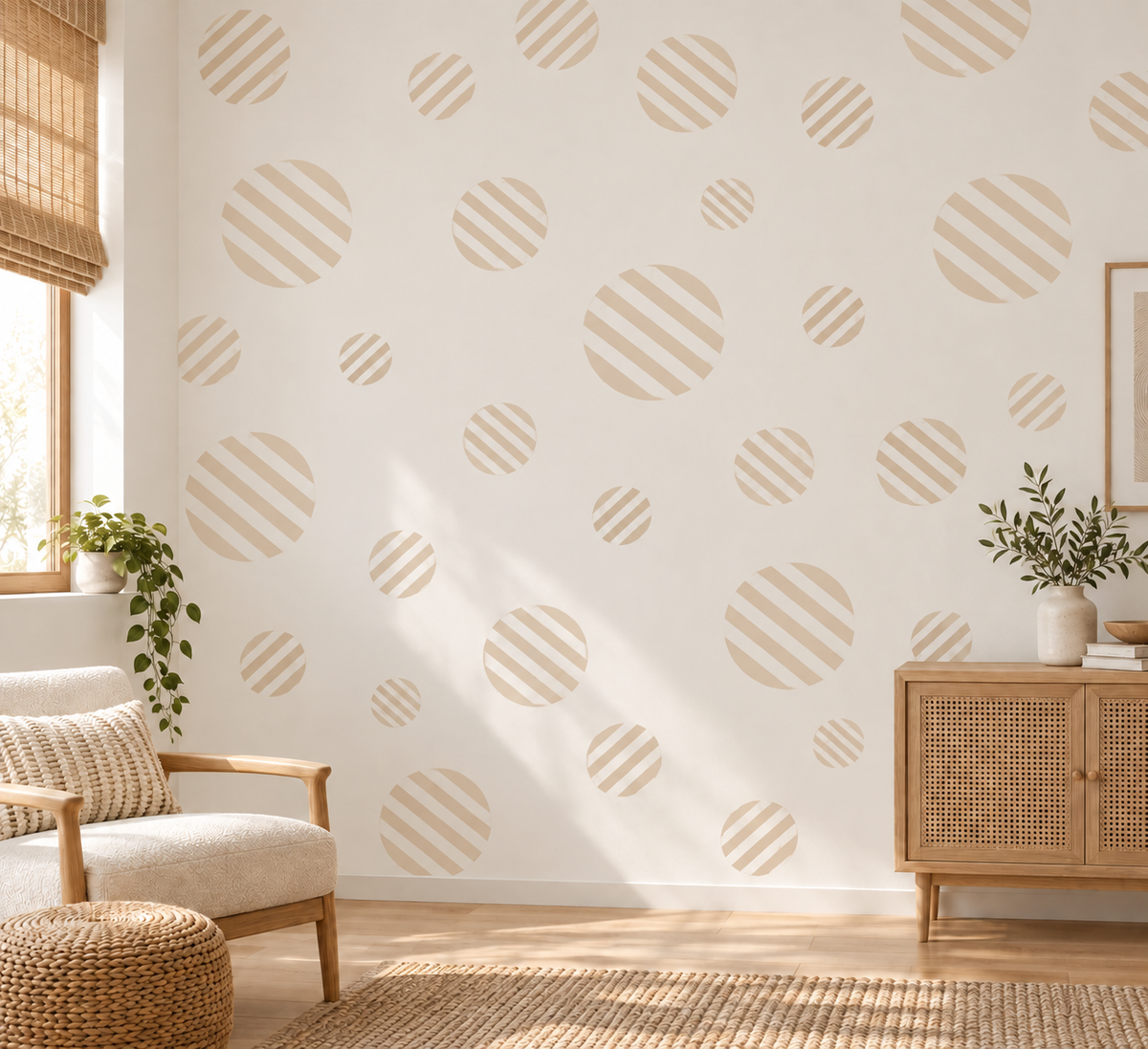 Neutral beige Stripes Circle wall stencils in multiple sizes painted across a modern living room wall, creating a minimalist geometric pattern and stylish DIY wall decor.