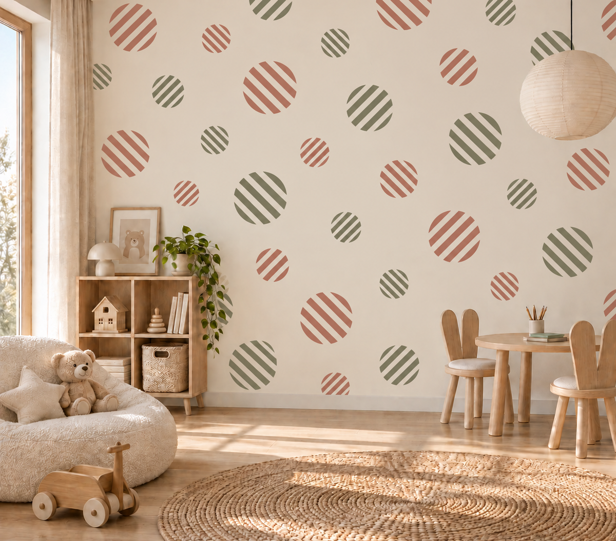 Green and terracotta Stripes Circle wall stencils in multiple sizes painted across a cozy kids playroom, creating a playful geometric wall pattern and modern children’s room decor.