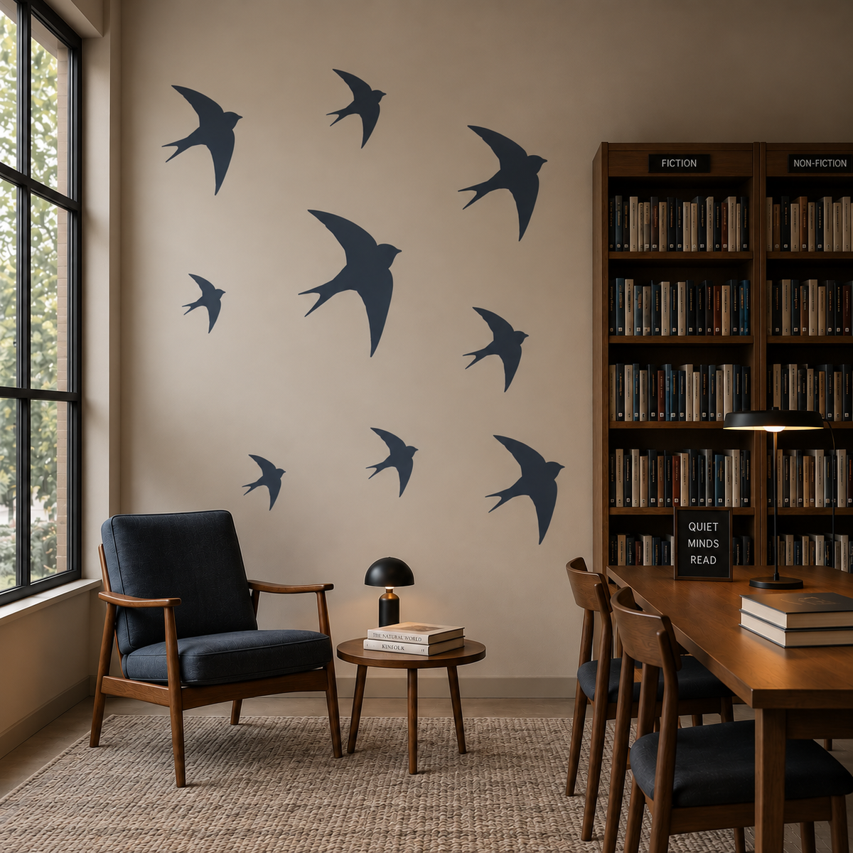 Swallow Bird Stencil in dark blue featuring flying swallows on a beige wall in a cozy reading room
