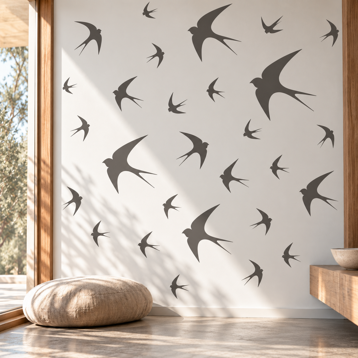 Swallow Bird Stencil in dark gray featuring flying swallow silhouettes on a white wall in a bright modern living room