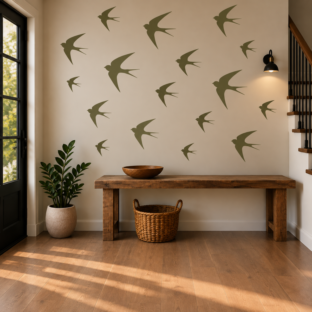 Swallow Bird Stencil in olive green with flying swallow silhouettes on a warm neutral entryway wall