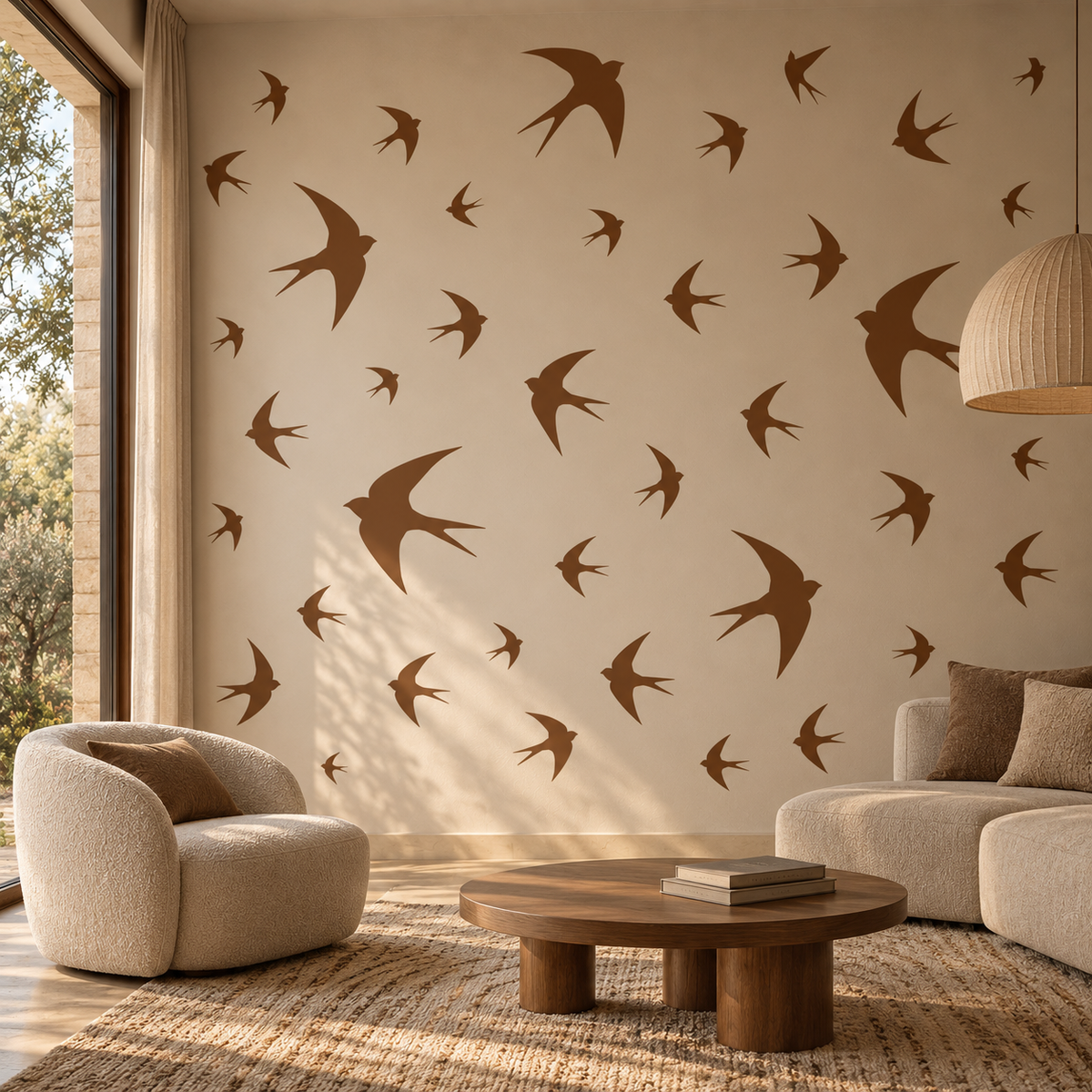 Swallow Bird Stencil in warm terracotta featuring a repeating pattern of flying swallows on a beige living room wall