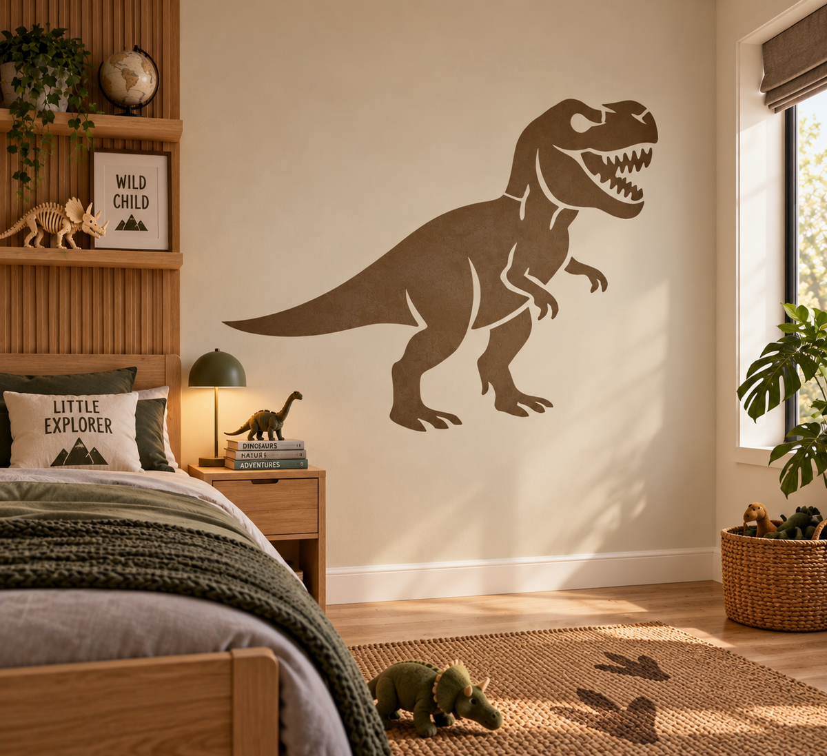 T-Rex dinosaur wall stencil facing right in a cozy kids’ bedroom with natural wood furniture, green accents, dinosaur décor, and warm sunlight.