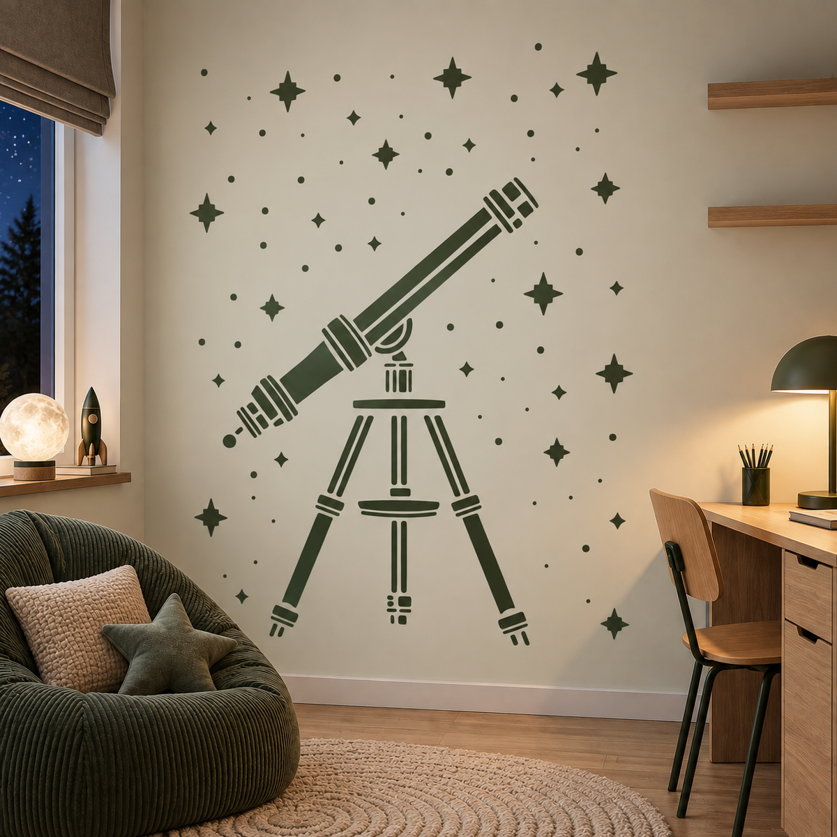 Green telescope and stars wall stencil in a cozy kids room with a study desk and space-themed decor.