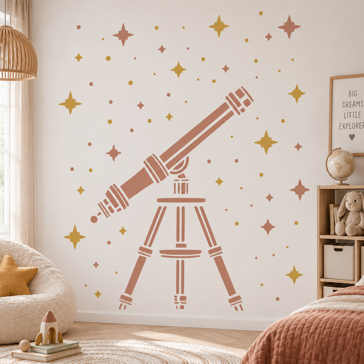 Telescope wall stencil surrounded by golden and terracotta stars in a warm modern kids bedroom.