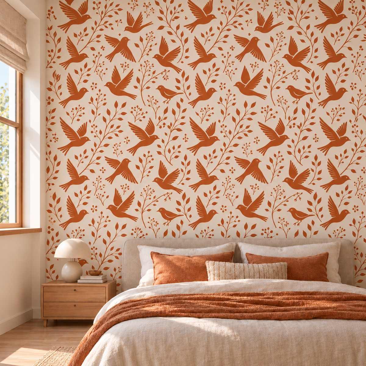 Repeating terracotta birds and delicate leafy branches form a cozy nature-inspired stencil pattern behind a neutral upholstered bed.