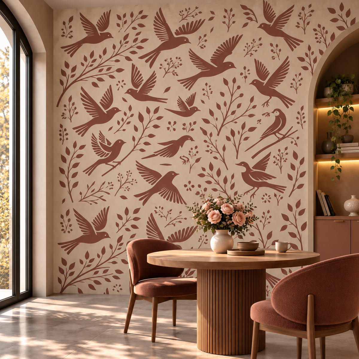 Terracotta flying bird and leafy branch stencils create a warm botanical feature wall in an elegant, sunlit dining room.
