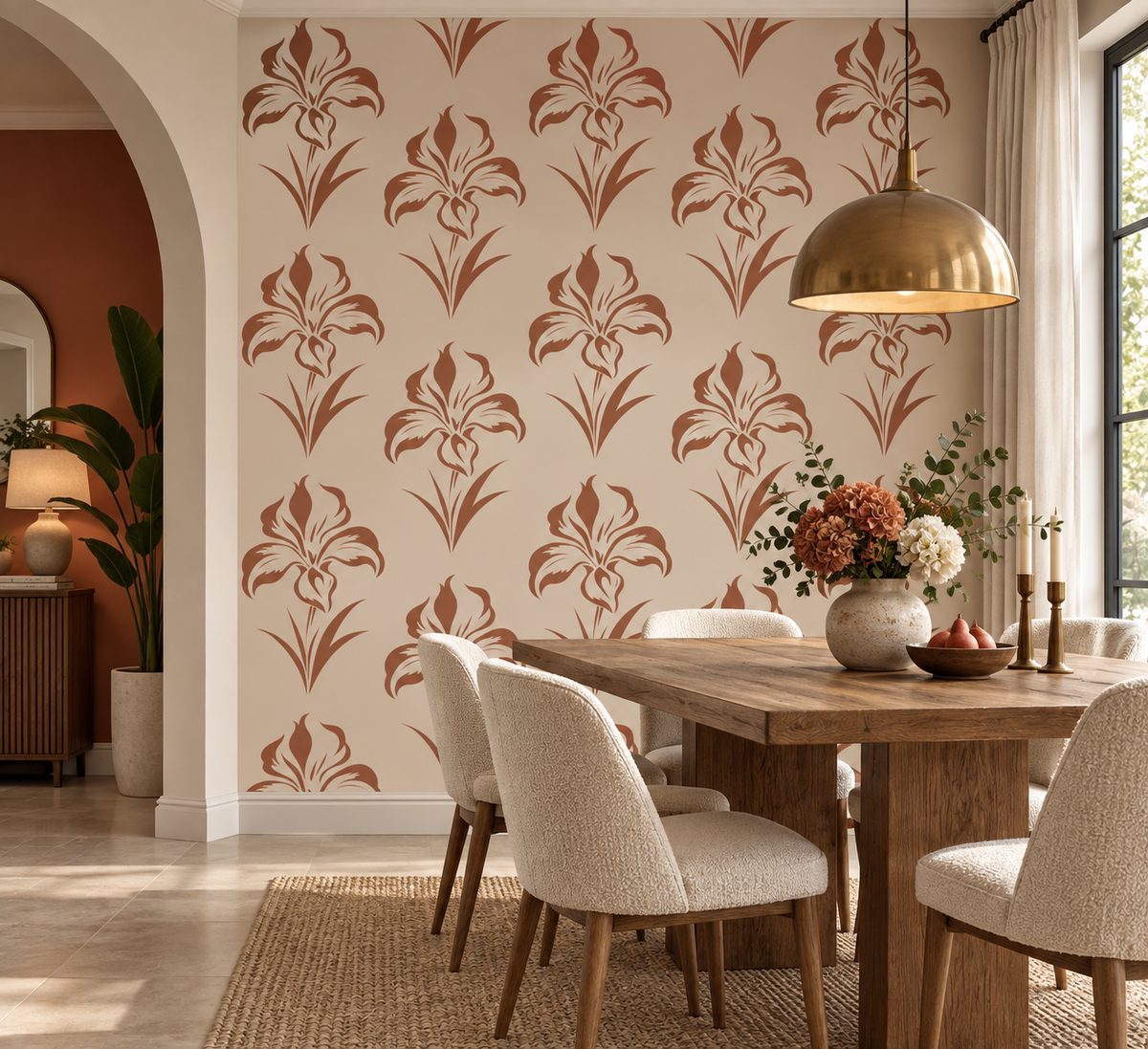 Terracotta iris flower wall stencil pattern creating an elegant floral feature wall in a warm modern dining room.