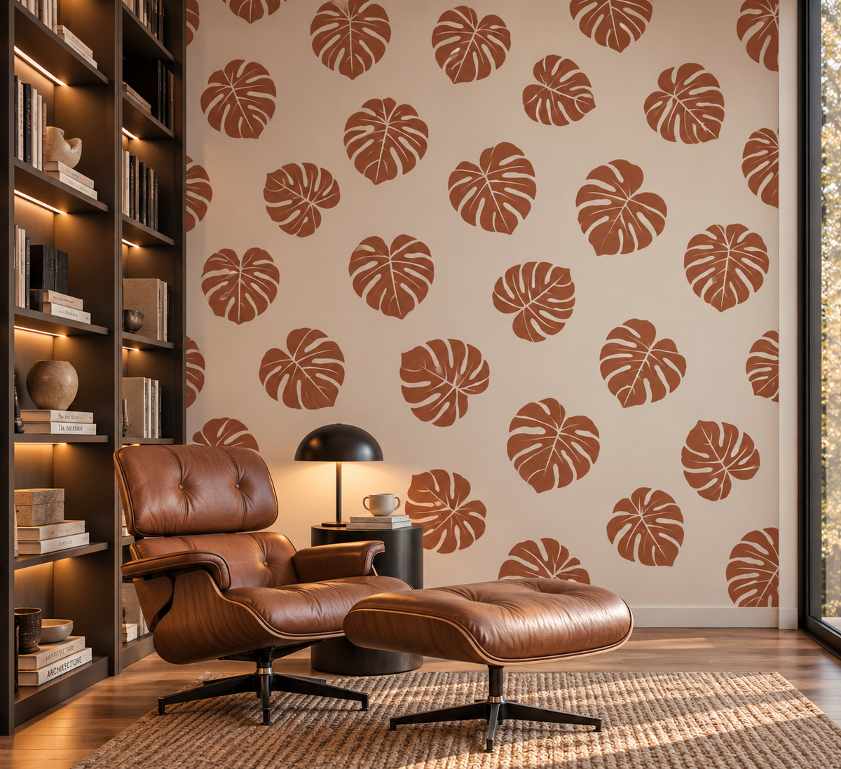 Terracotta monstera leaf wall pattern adding a warm botanical accent to a cozy contemporary reading room.