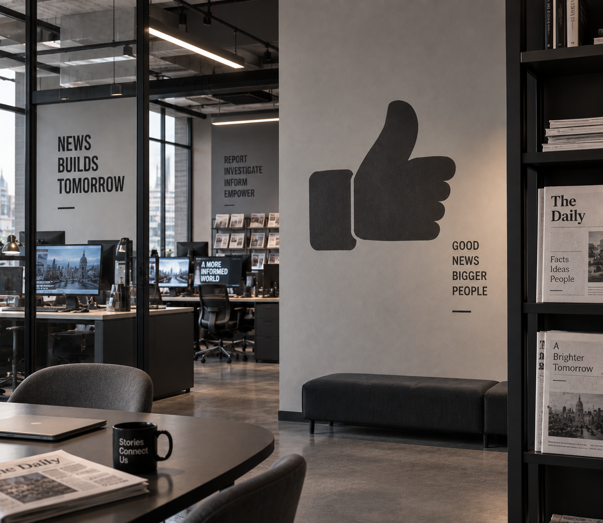 Thumbs up wall stencil displayed in a modern editorial office with dark furniture and industrial details.