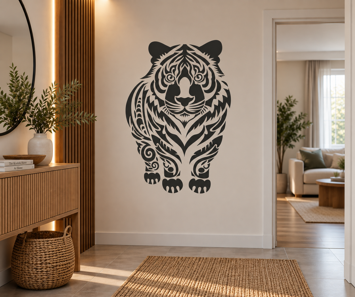 Black tiger wall stencil with intricate decorative details creating a statement wall in a modern hallway.