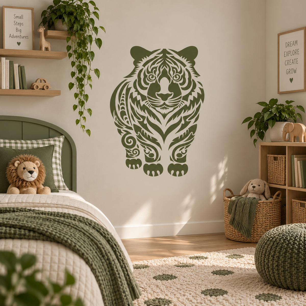 Large green tiger wall stencil with detailed stripes in a nature inspired kids bedroom.