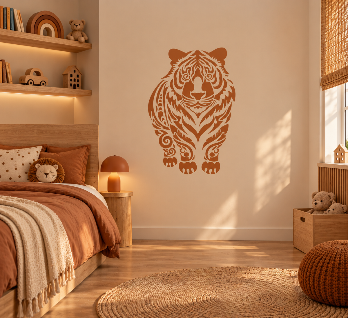 Terracotta tiger wall stencil creating a bold animal feature wall in a warm kids bedroom.