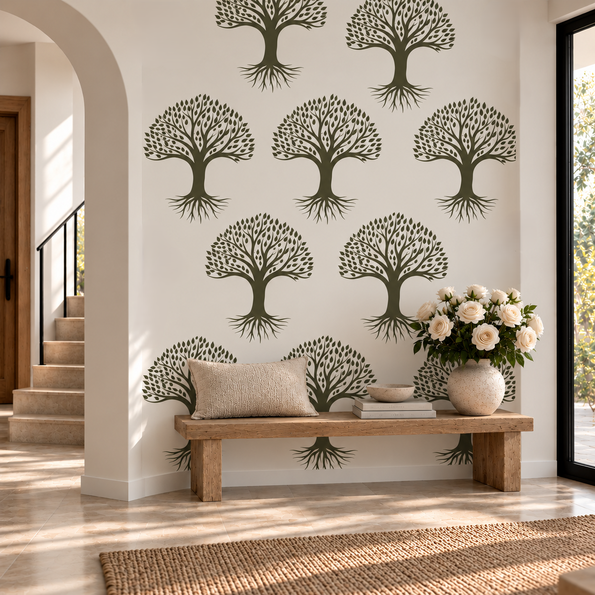 Tree of Life Pattern Stencil in olive green repeated across a cream accent wall in a bright modern entryway.