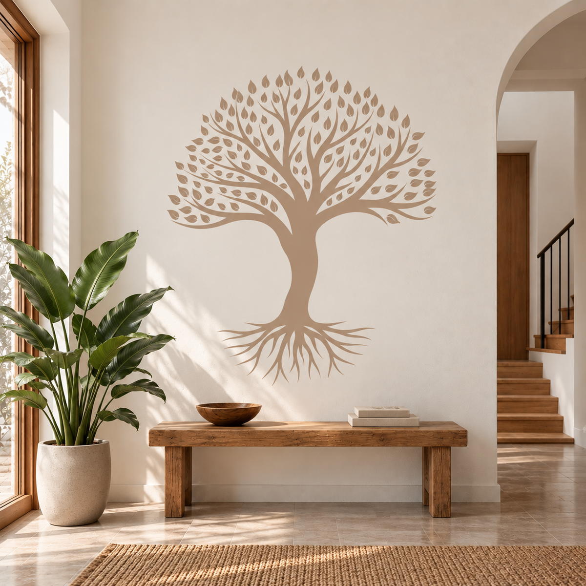 Large Tree of Life Stencil in warm beige on a cream wall in a bright modern entryway.