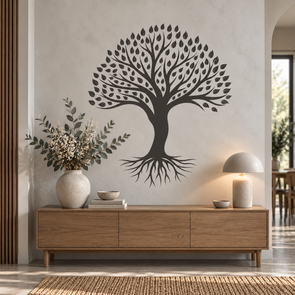 Large Tree of Life Stencil in charcoal gray above a wooden console in a modern neutral entryway.