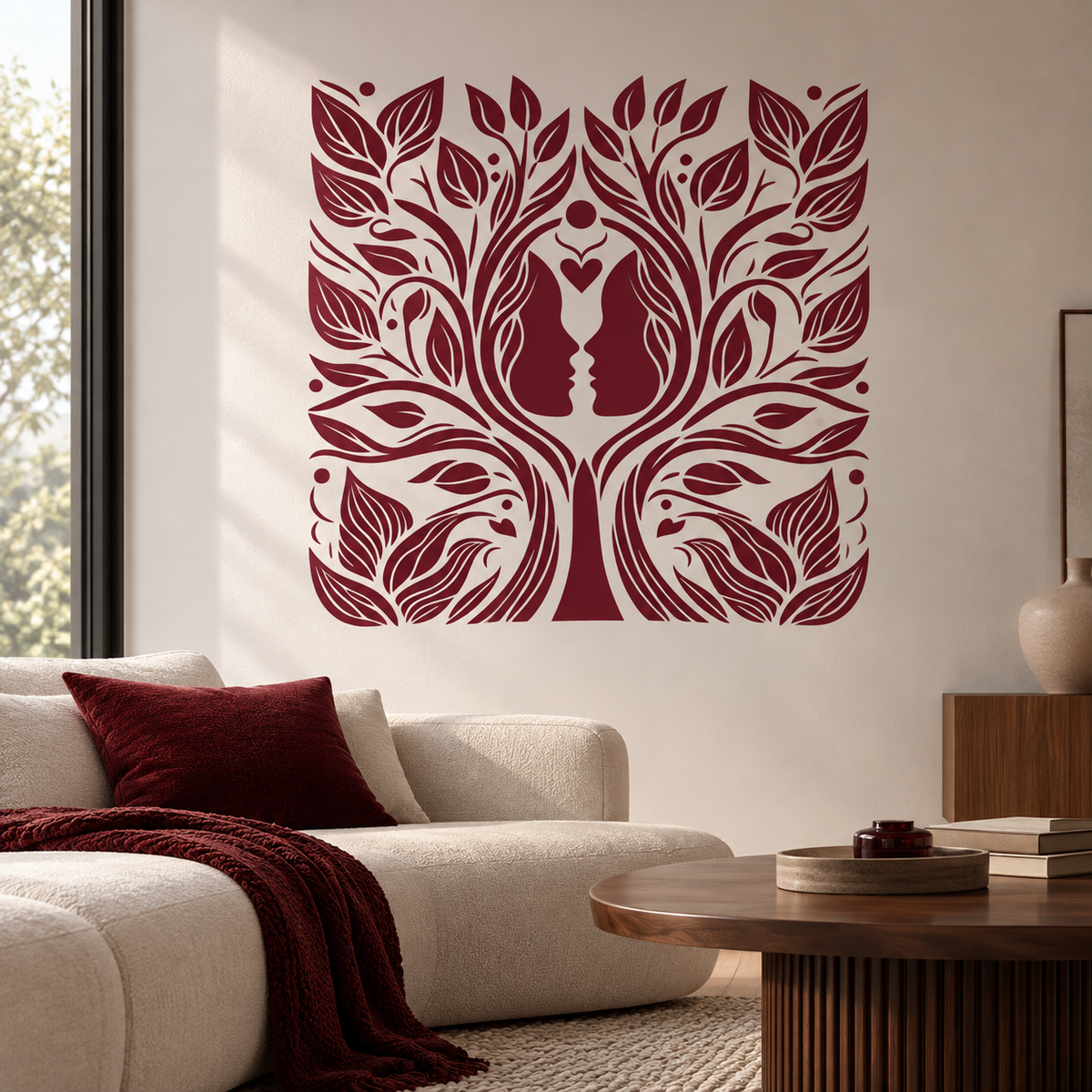 Tree of Love and Harmony Stencil in deep burgundy on a white wall above a cream sofa in a modern living room.