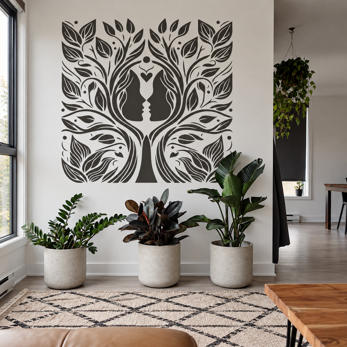 Tree of Love and Harmony Stencil in charcoal gray on a white accent wall above indoor plants in a bright contemporary interior.