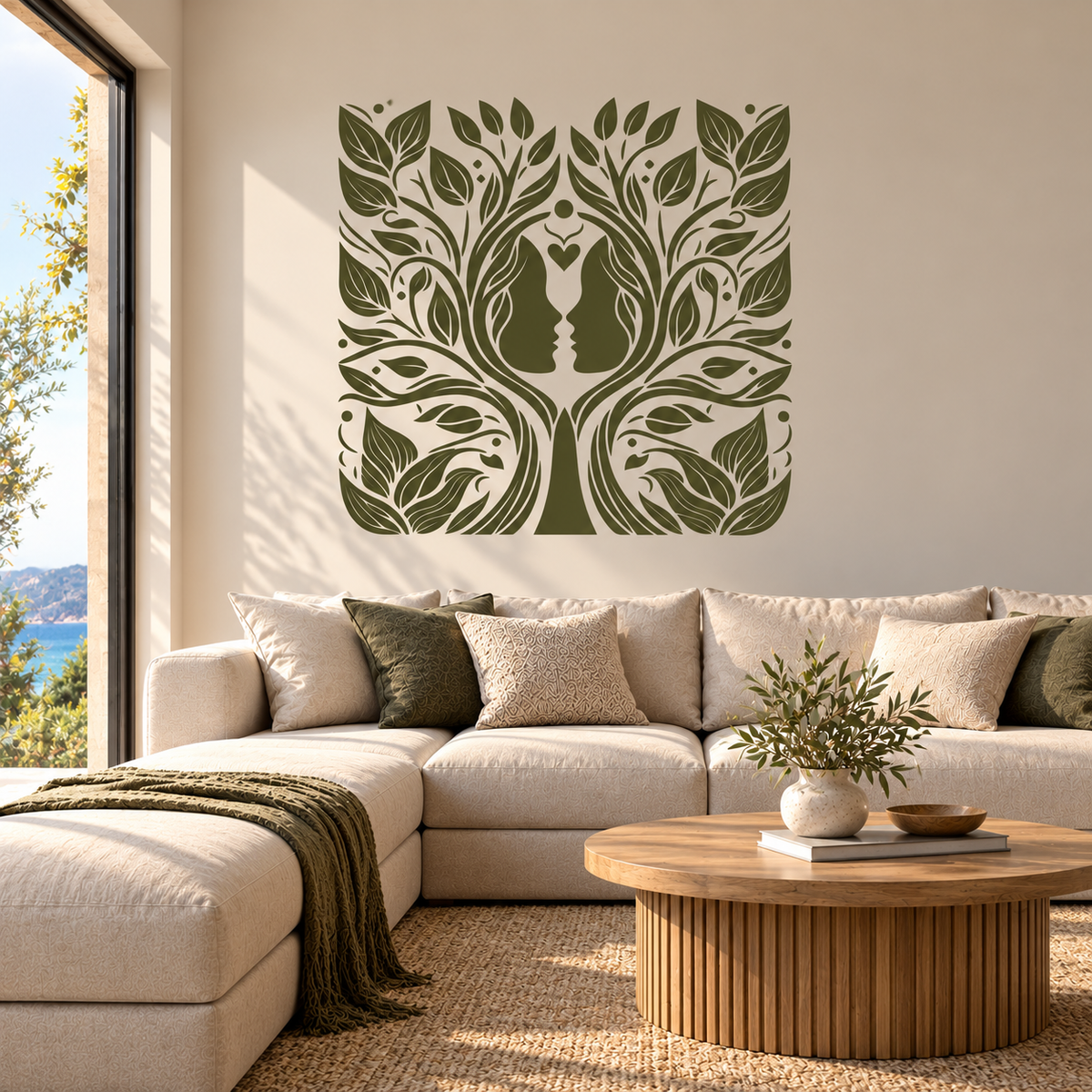 Tree of Love and Harmony Stencil in olive green featuring intertwined faces and botanical leaves above a sectional sofa in a coastal living room.