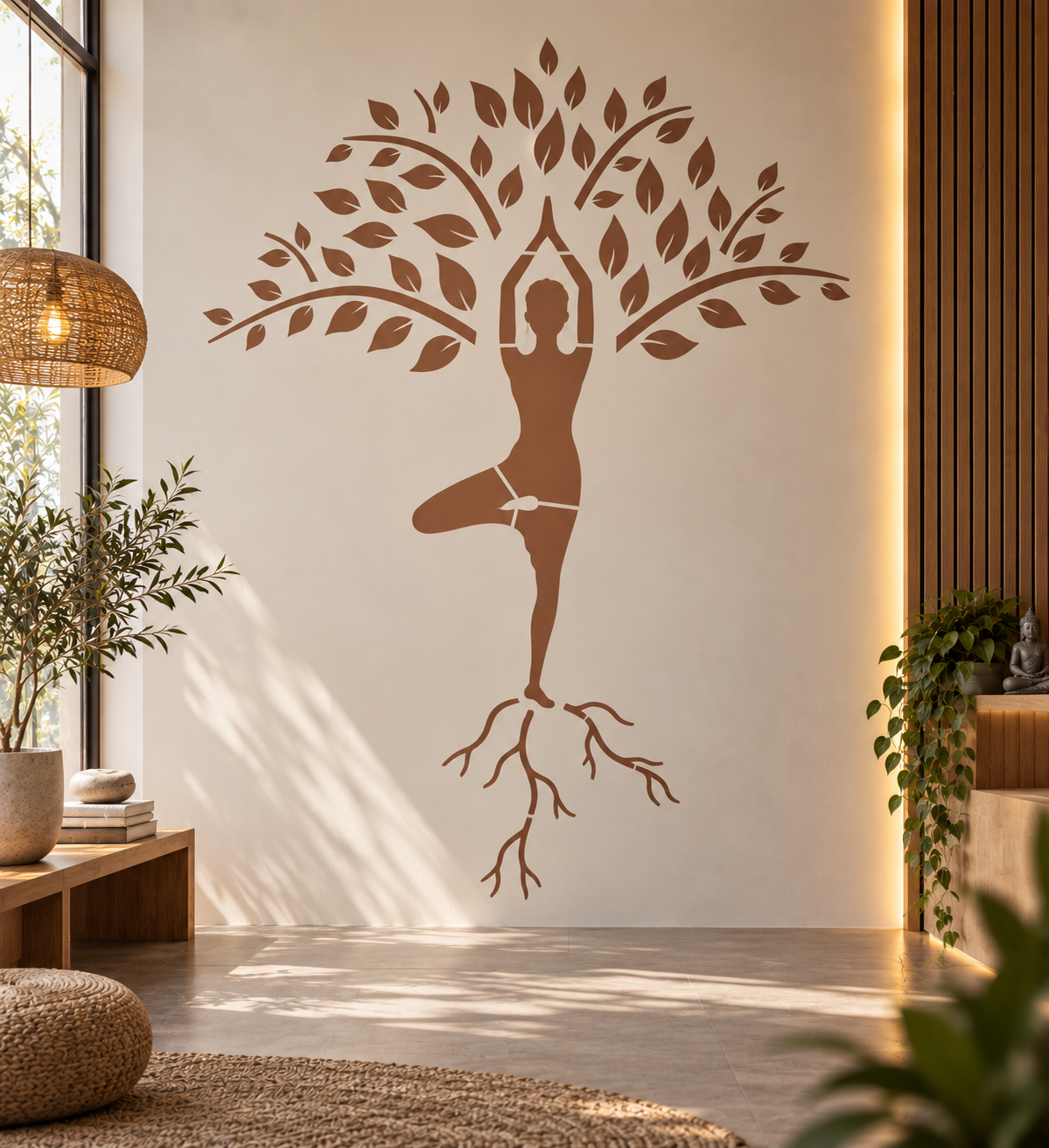 Tree pose yoga wall stencil with leafy branches and roots in a warm boho wellness interior.