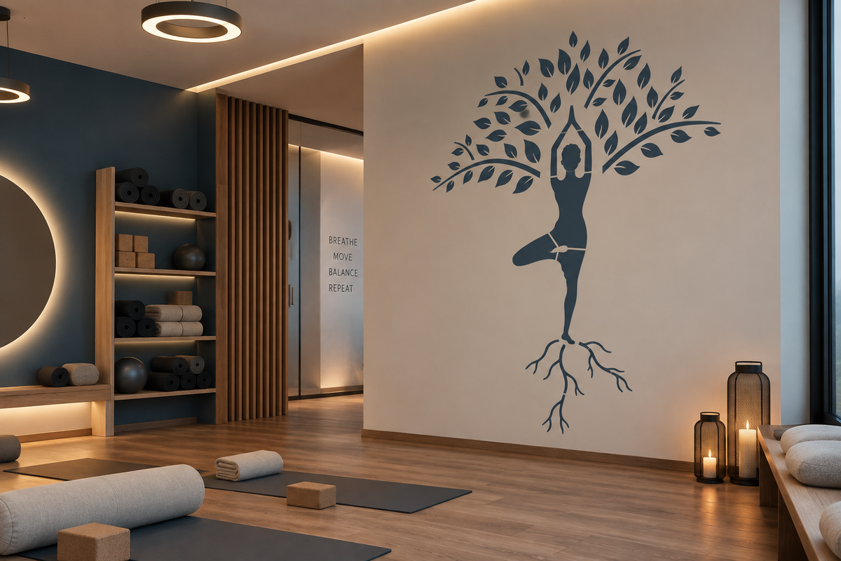 Blue tree pose yoga stencil with leaves and roots on a light wall in a modern yoga studio.