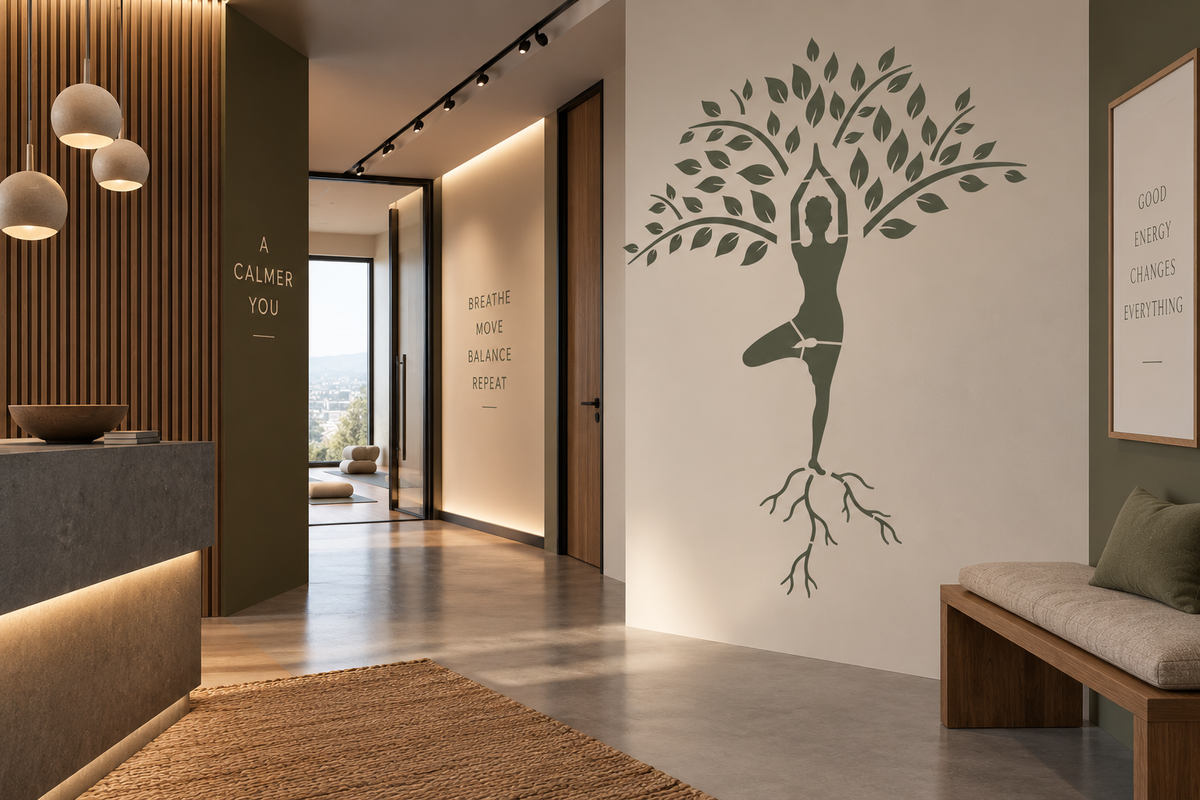 Tree pose yoga wall stencil with leafy branches and roots in a modern wellness studio with warm wood details and neutral decor.