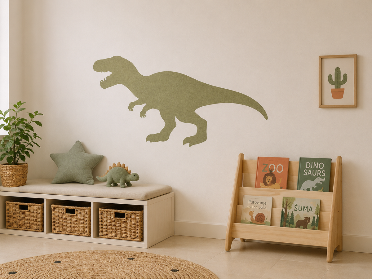 Minimalist T-Rex dinosaur wall stencil painted in soft sage green on a nursery wall in a Scandinavian-inspired kids room with woven storage baskets, wooden book rack, and neutral dinosaur-themed decor.