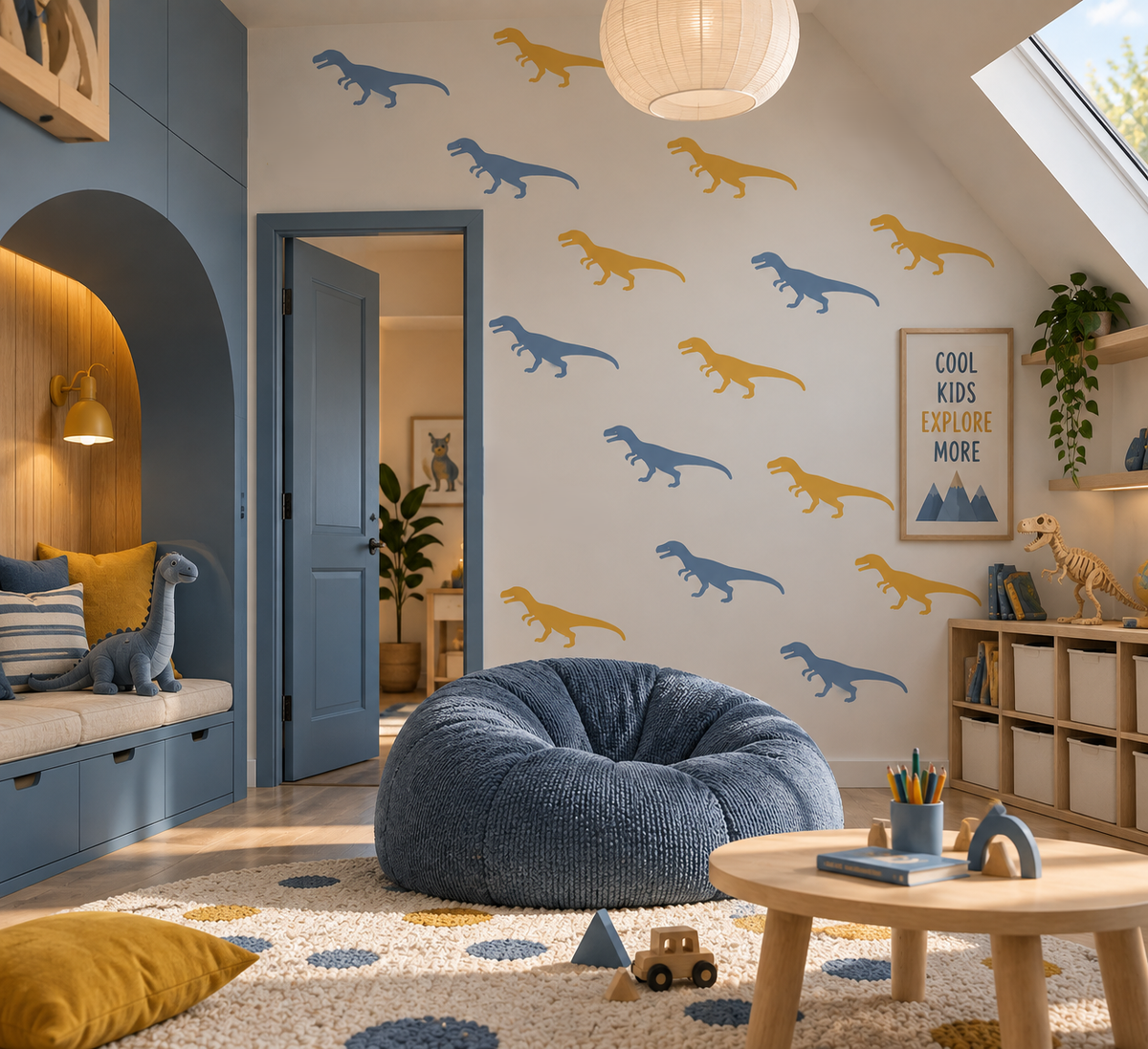 Blue and mustard T-Rex dinosaur wall stencil pattern in a modern kids playroom