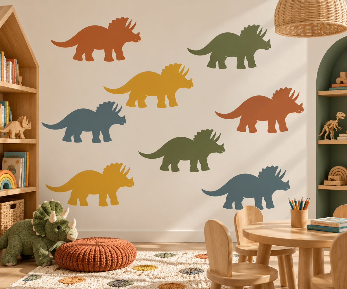 Colorful Triceratops dinosaur stencil wall pattern in a modern kids playroom