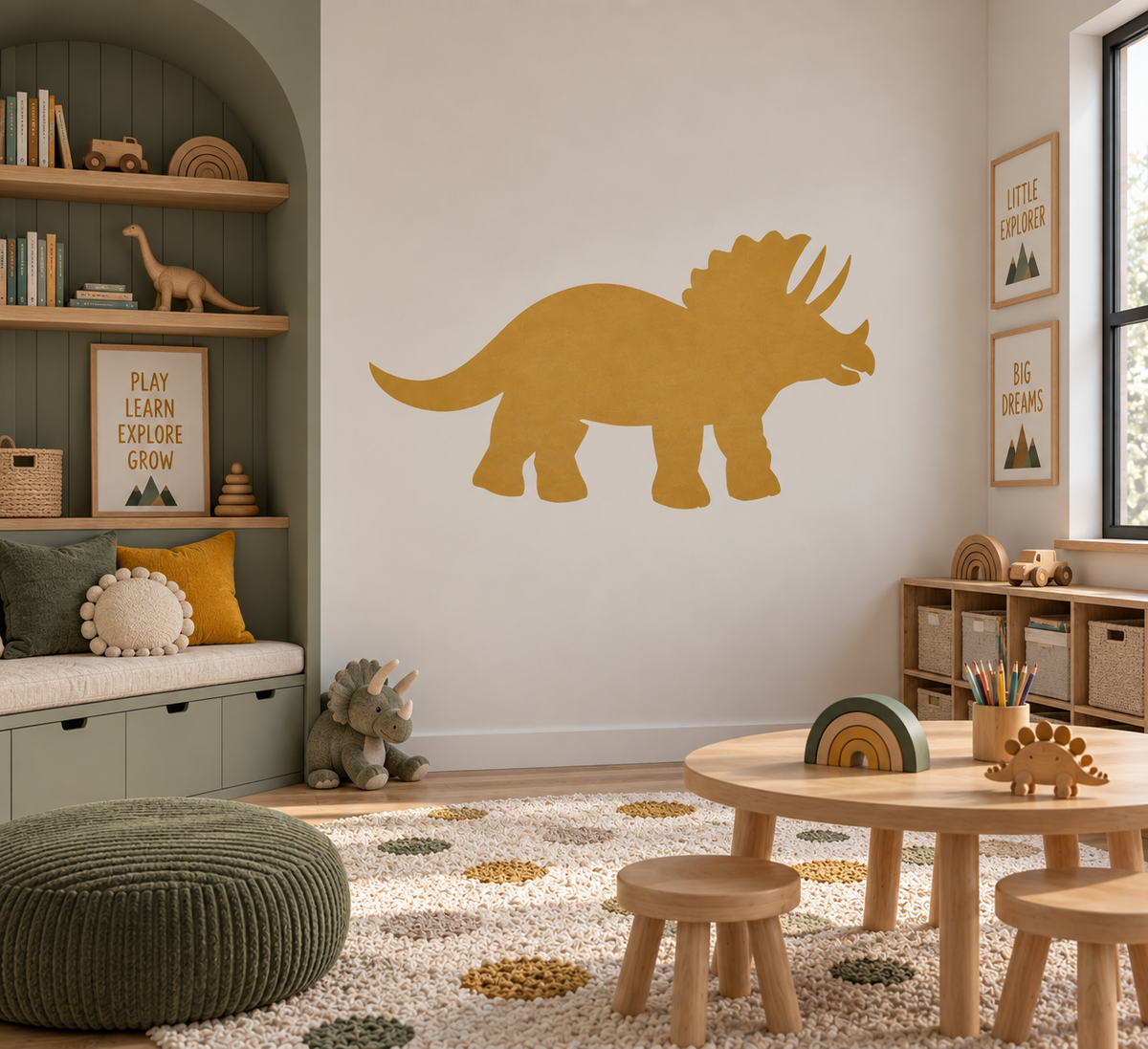 Large Triceratops dinosaur wall stencil in a modern kids playroom with natural wood decor