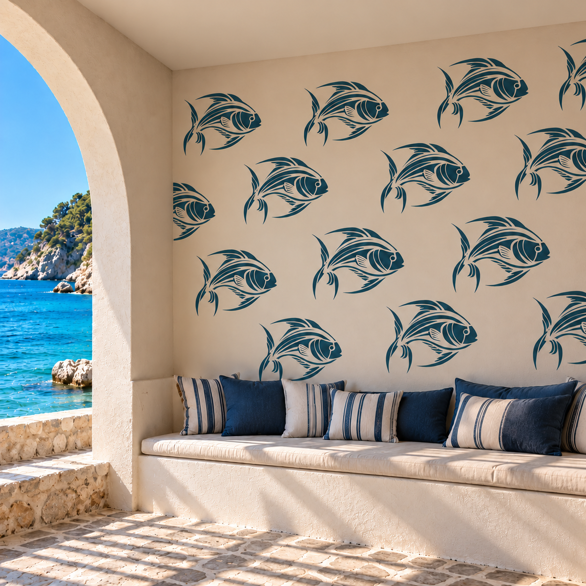 Blue tropical fish stencil pattern painted on a cream coastal patio wall above a built-in bench with striped cushions.