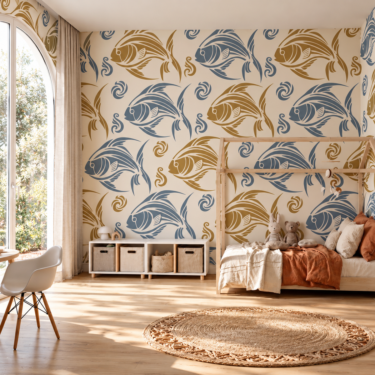 Blue and ochre tropical fish stencil pattern decorating a bright coastal kids bedroom with natural wood furniture.