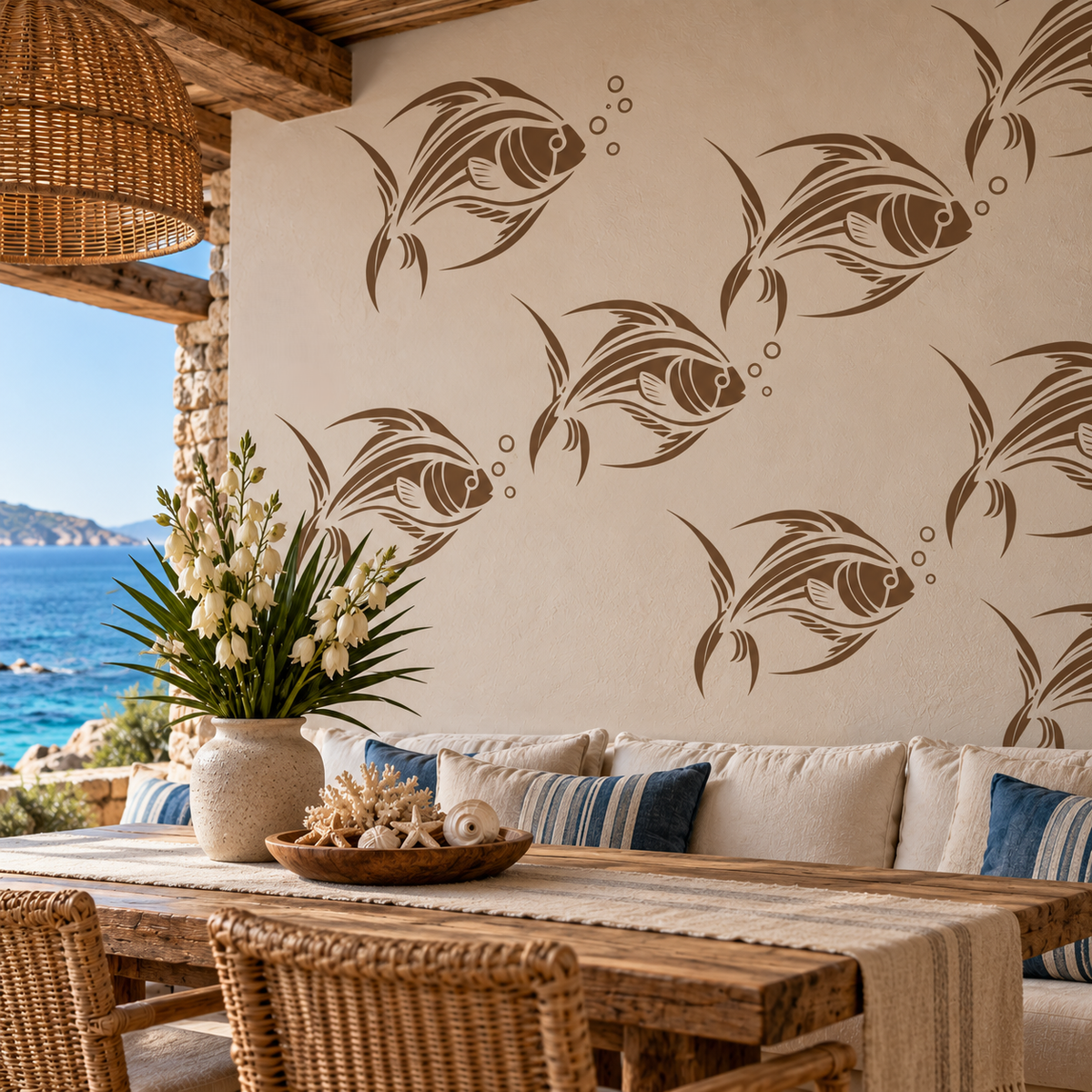 Brown tropical fish stencil pattern painted on a cream wall in a Mediterranean seaside dining area with rustic wooden furniture. tropical-fish-stencil-coastal-terr