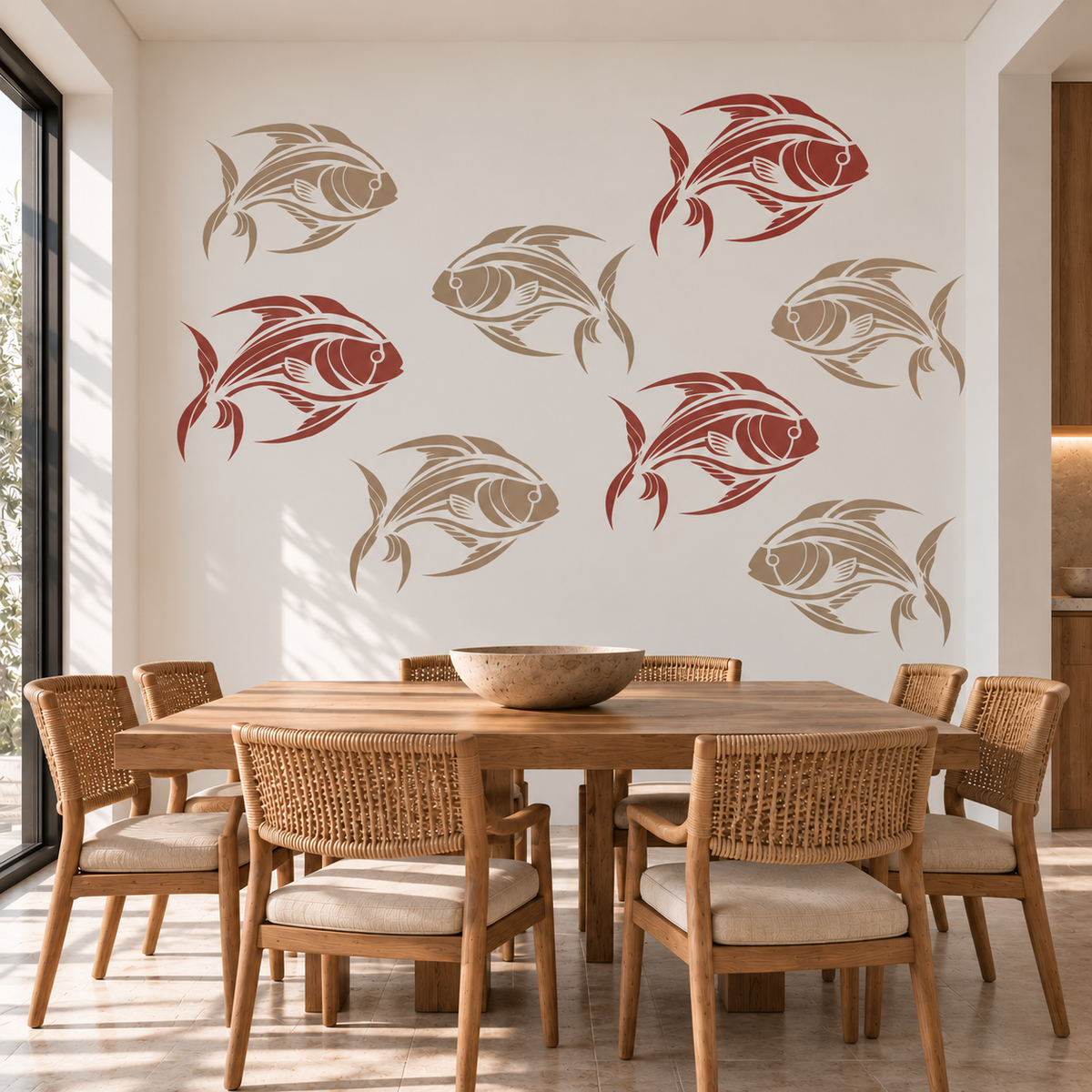 Red and beige tropical fish stencils painted on a white wall in a bright modern dining room with natural wood and rattan furniture.