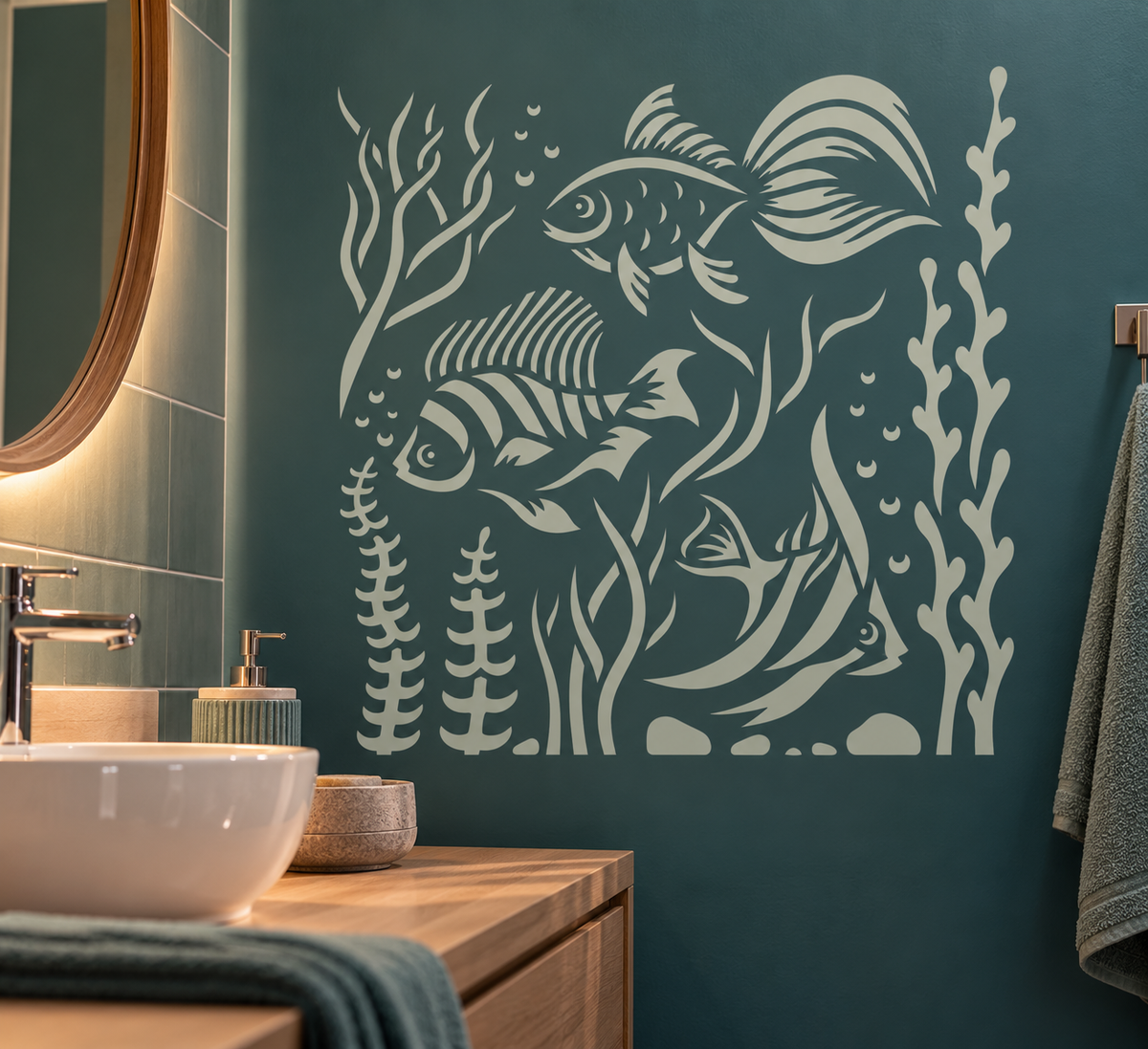 Tropical fish wall stencil with aquatic plants on a teal bathroom wall.