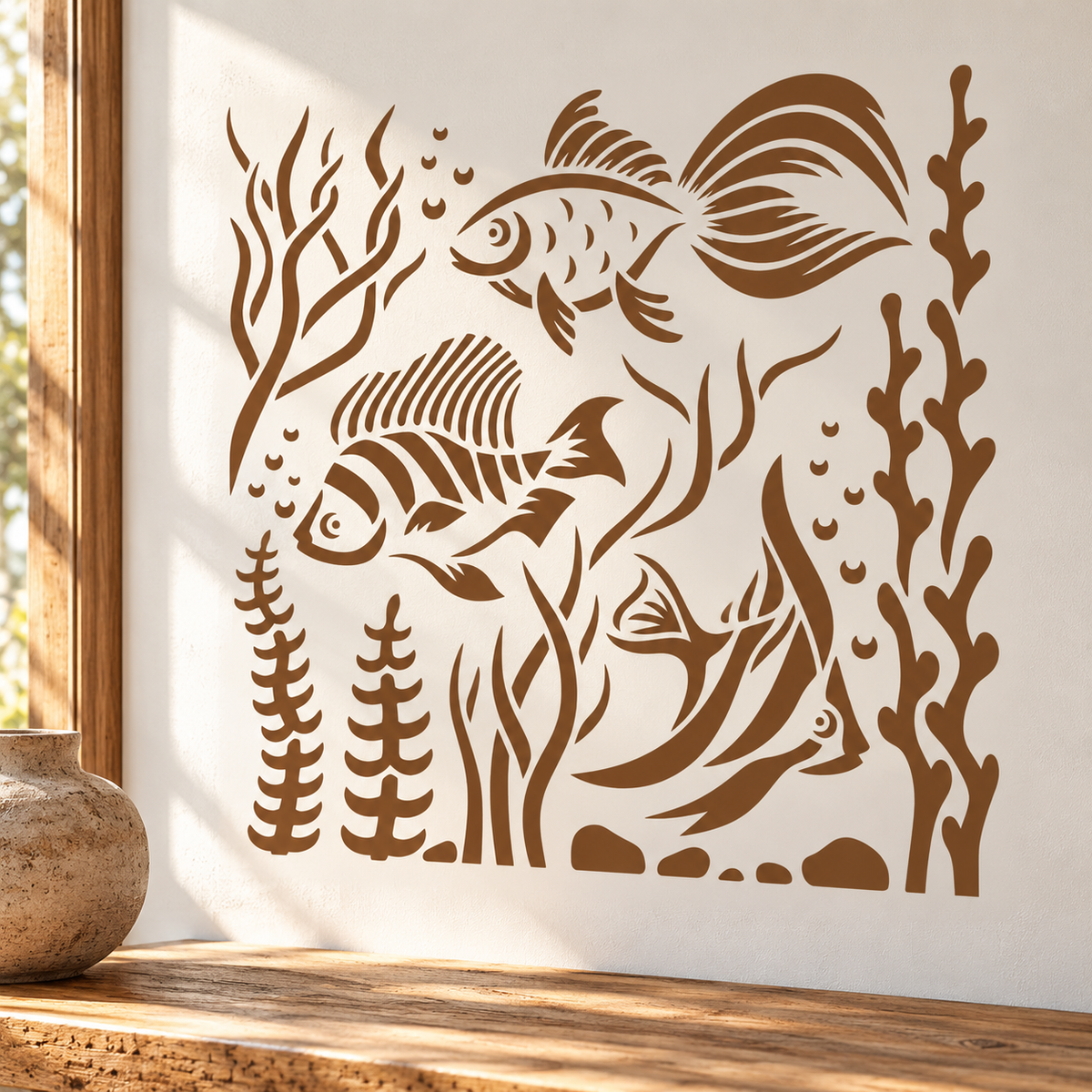 Tropical fish wall stencil with seaweed and bubbles on a warm white interior wall.