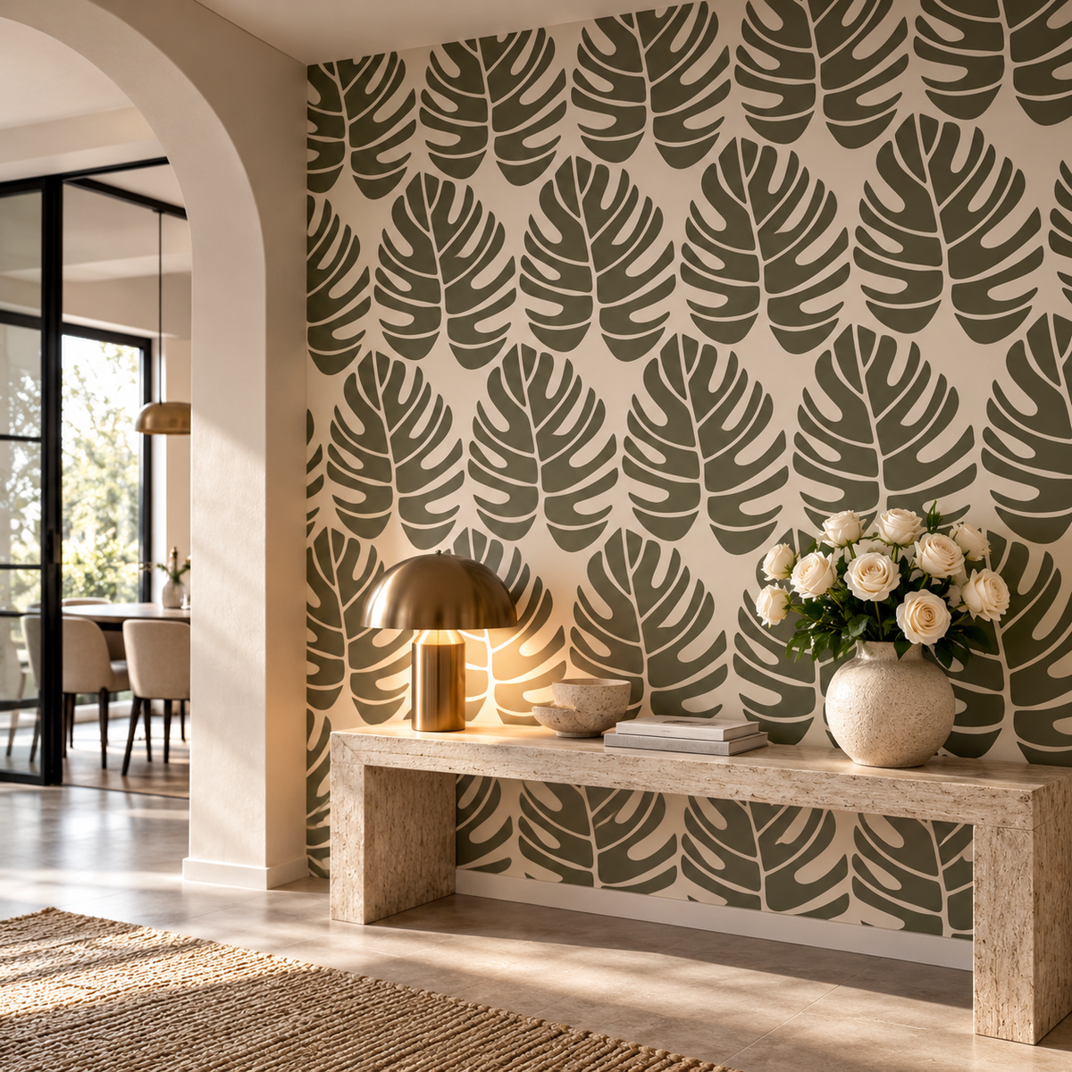 Tropical Monstera Pattern Stencil in olive green repeated across a warm cream accent wall in a modern entryway.
