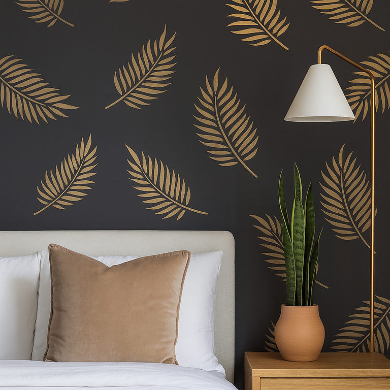 Bedroom accent wall featuring a repeating tropical palm leaf stencil pattern in gold tones on a dark background.