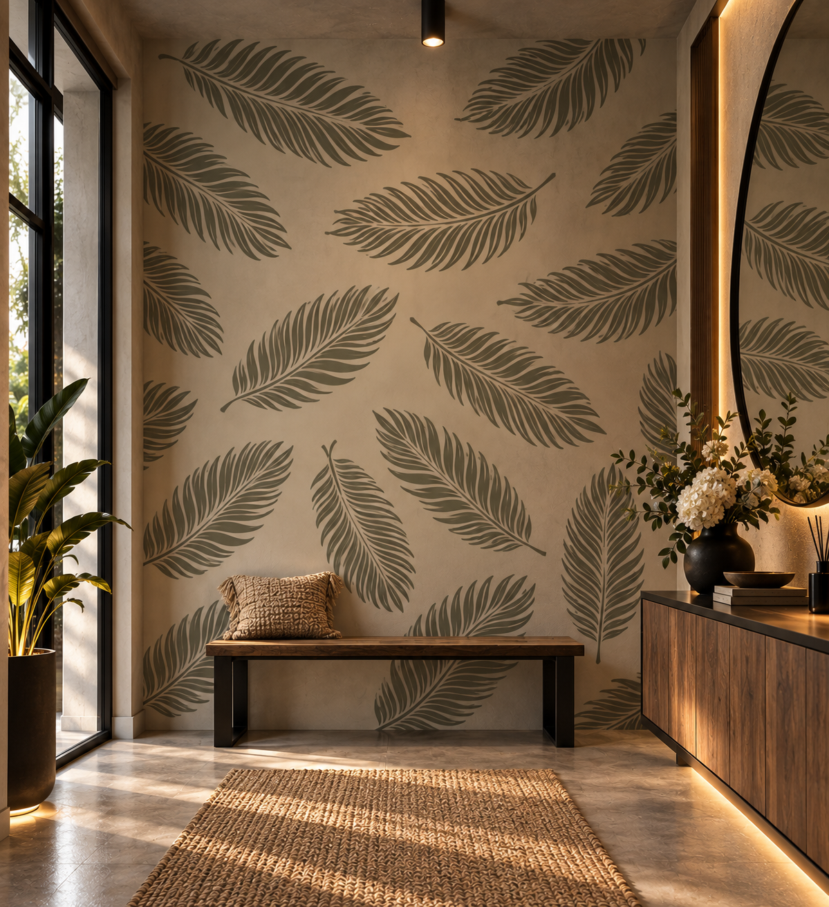 Large tropical palm leaf wall stencil pattern in olive green decorating a warm modern entryway.