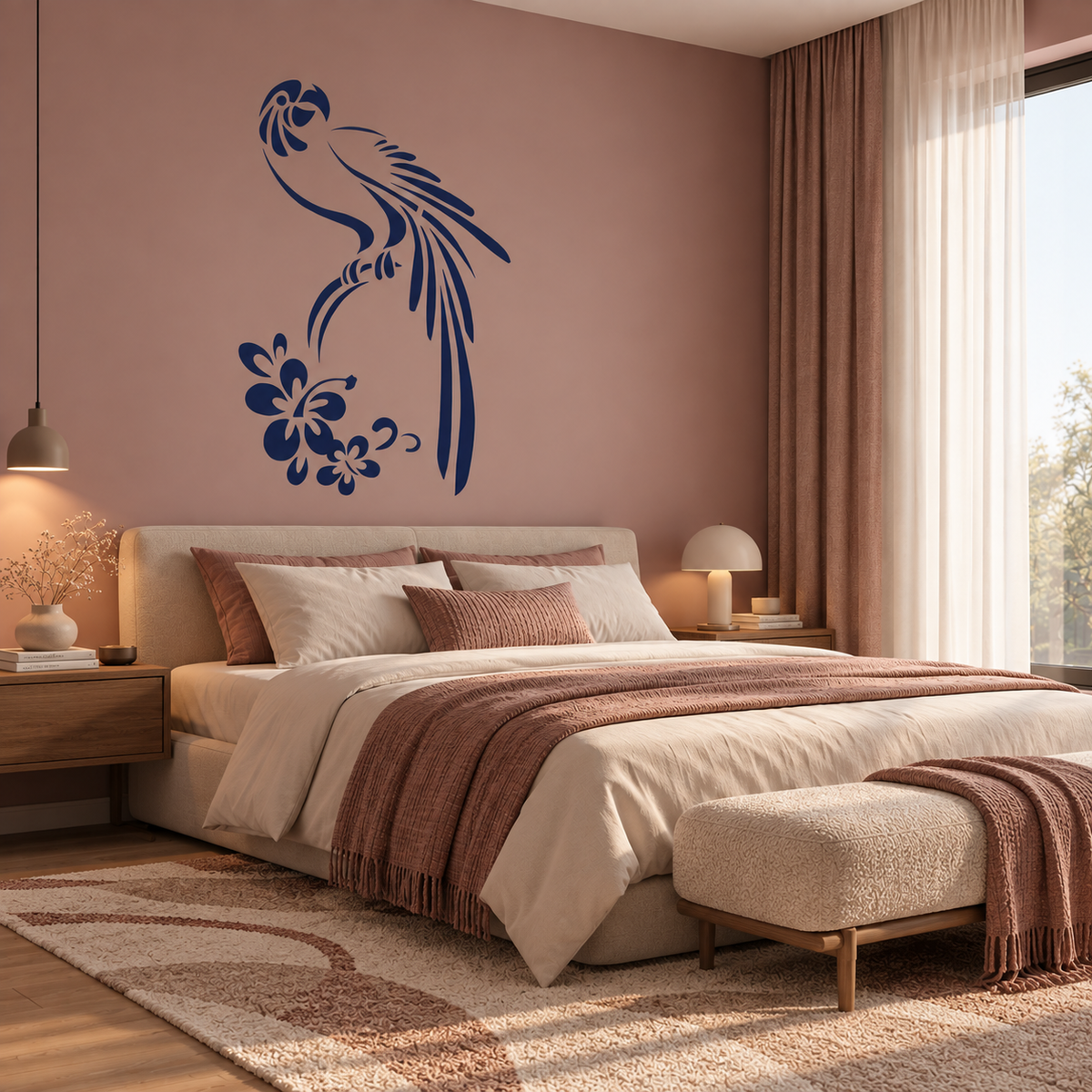 Tropical Parrot Stencil in dark blue with hibiscus flowers on a warm pink bedroom wall
