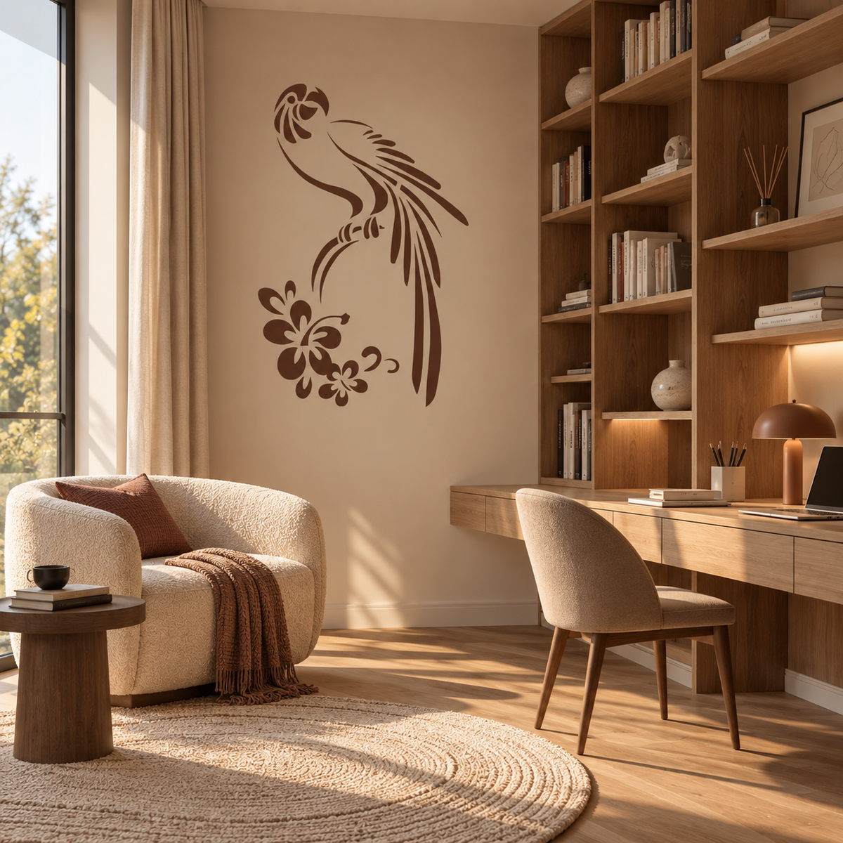 Tropical Parrot Stencil in warm brown with hibiscus flowers on a neutral home office wall