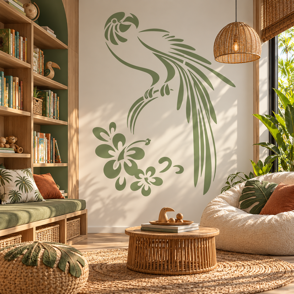 Tropical Parrot Stencil in soft green with hibiscus flowers in a tropical inspired room