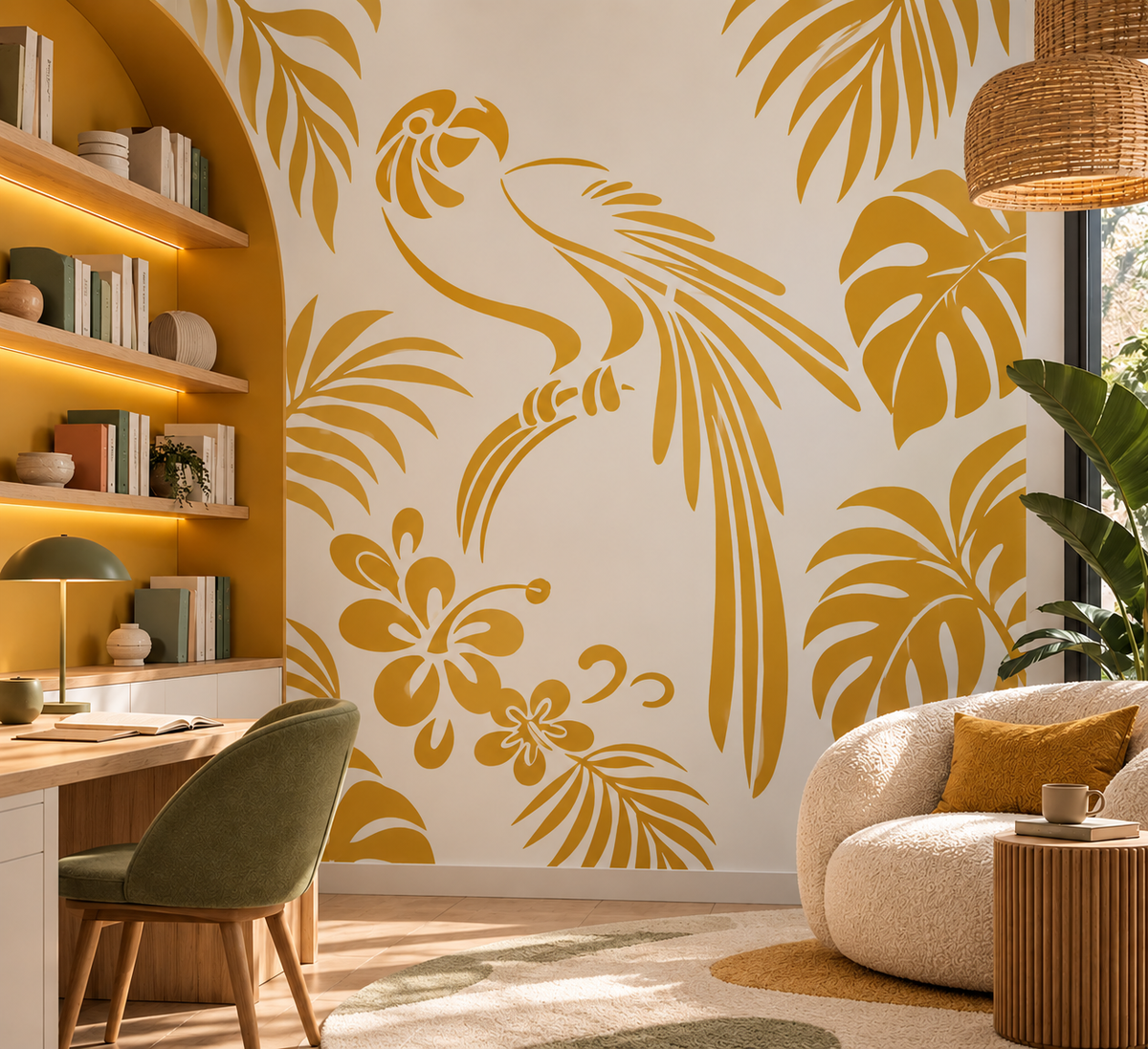 Tropical Parrot Stencil in mustard yellow with hibiscus flowers and tropical leaves on a statement wall