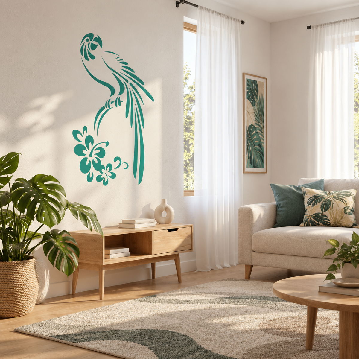 Tropical Parrot Stencil in turquoise with hibiscus flowers on a bright living room wall