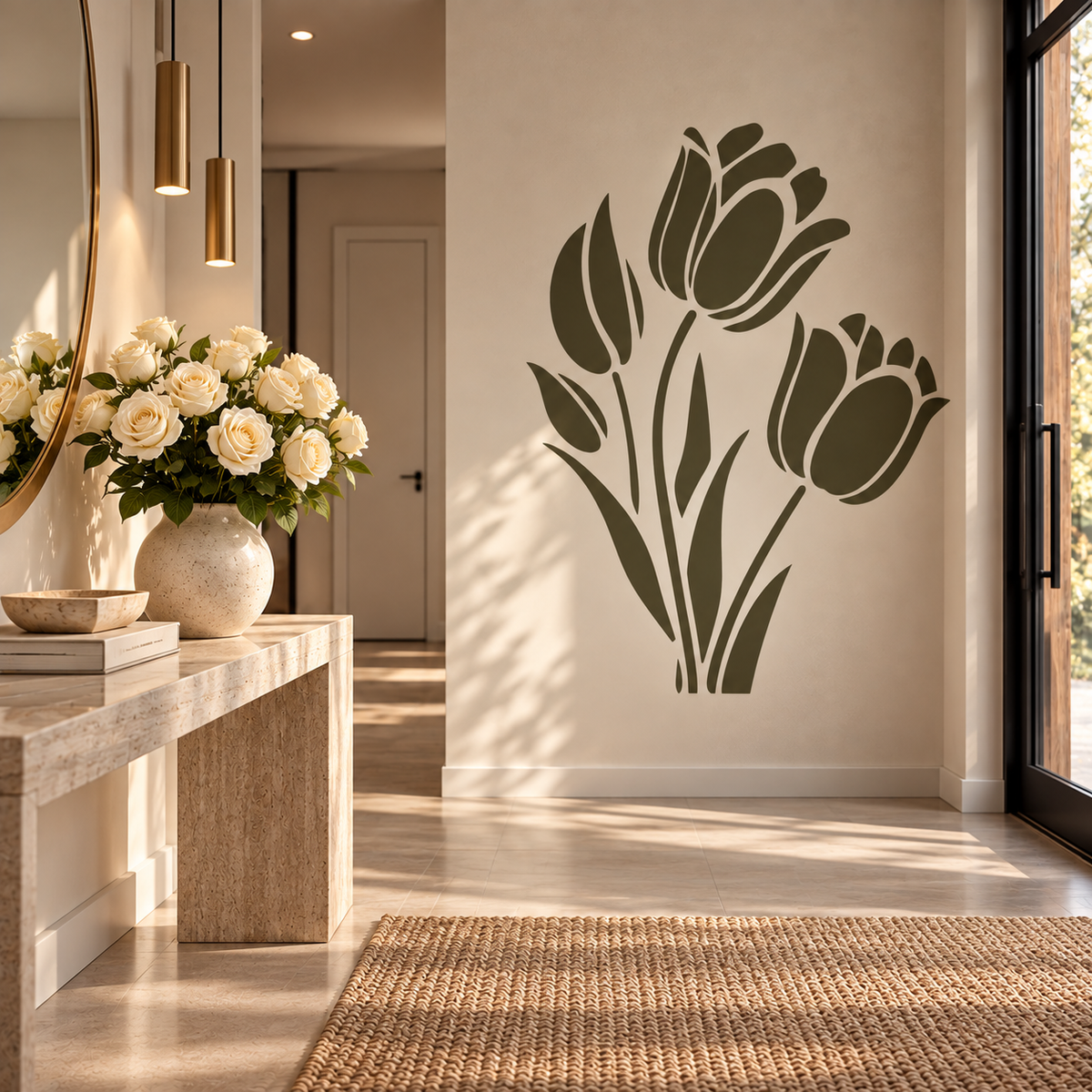 Tulip Flower Stencil in olive green painted as an oversized botanical wall accent in a warm modern entryway.