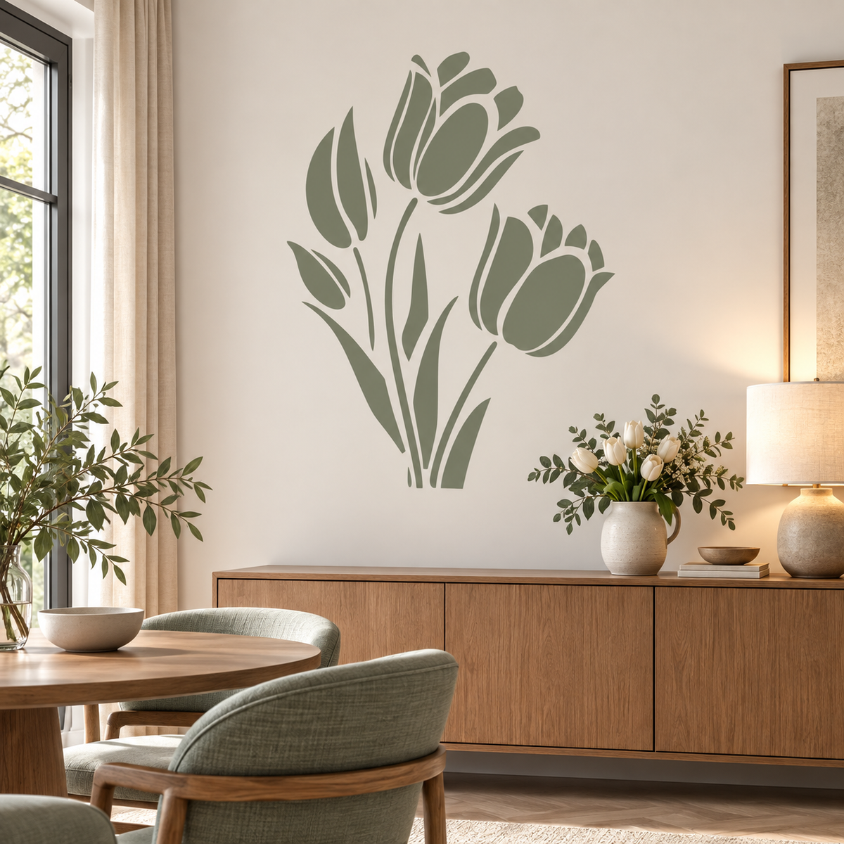 Tulip Flower Stencil in sage green painted as a large floral wall accent above a wooden sideboard in a modern dining room.