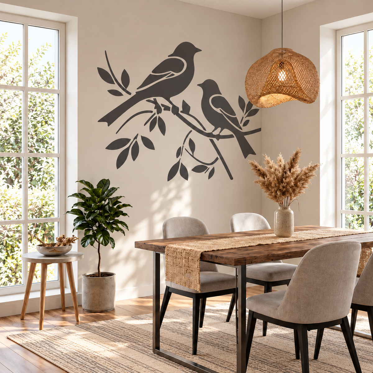 Dark gray two birds on a branch wall stencil featured in a bright modern dining room with natural wood accents. 