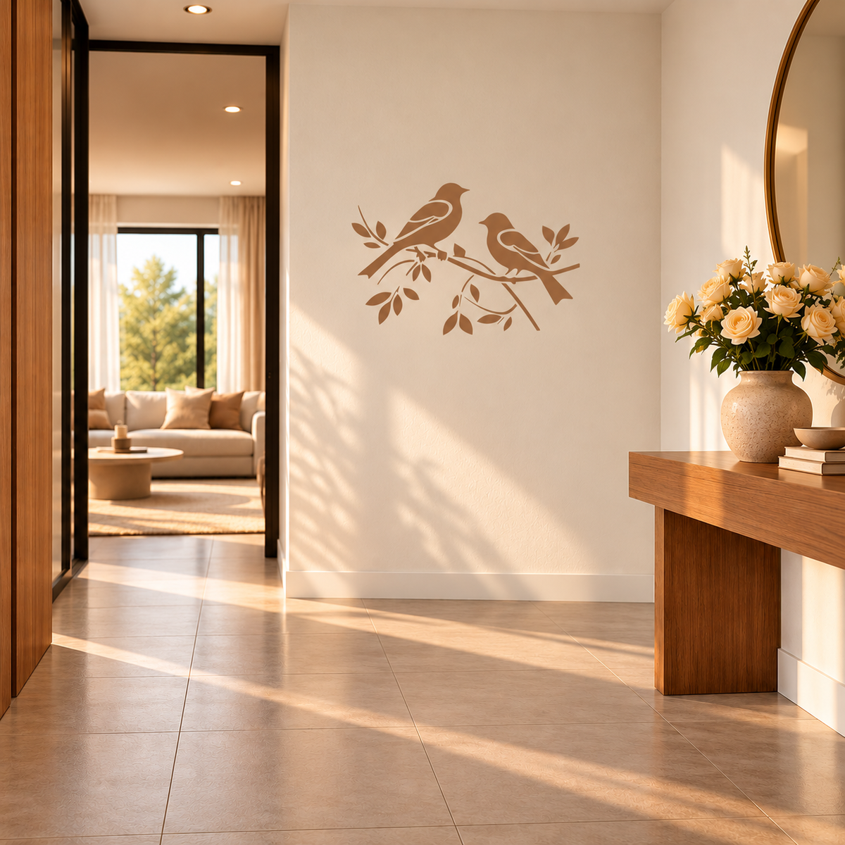 Warm brown two birds on a branch wall stencil decorating an elegant sunlit entryway with a wooden console table.