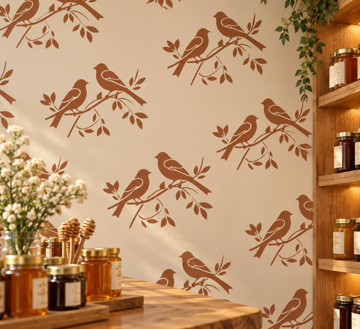Repeating brown two birds on a branch stencil pattern decorating the wall of a warm rustic honey shop.